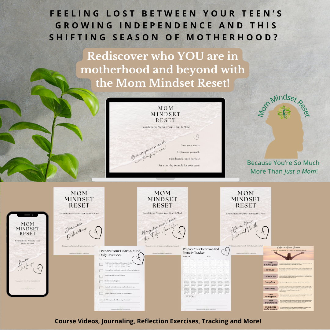 Picture of the Mom Mindset Reset Foundations Course modules, with a plant in the background and the logo of a woman's silhouette looking upward.  
