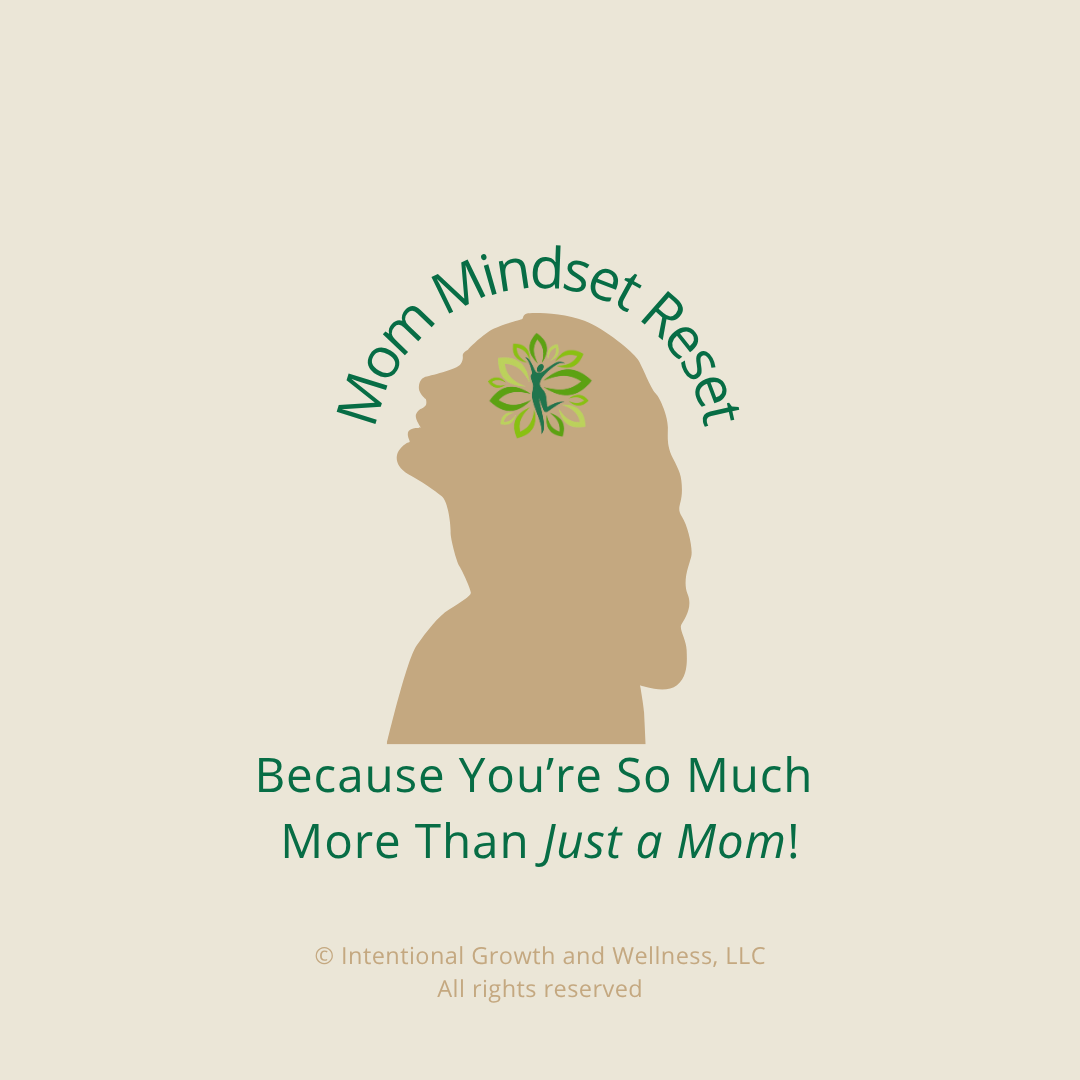 A tan silhouette of a woman with another image of a woman surrounded by leaves in the brain area, growing in freedom. Mom Mindset Reset, because you're so much more than just a mom.