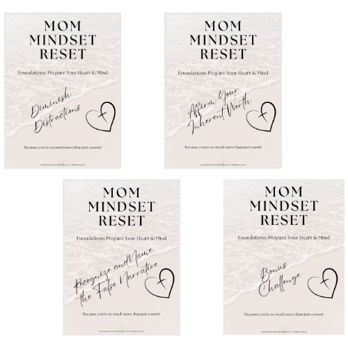 Cover of the Mom Mindset Reset Diminish Distractions Module, with a beach, rolling wave, and heart with a cross in the middle. 